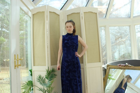 Vintage 1990's Blue Velvet Dress, Vintage Sleevele