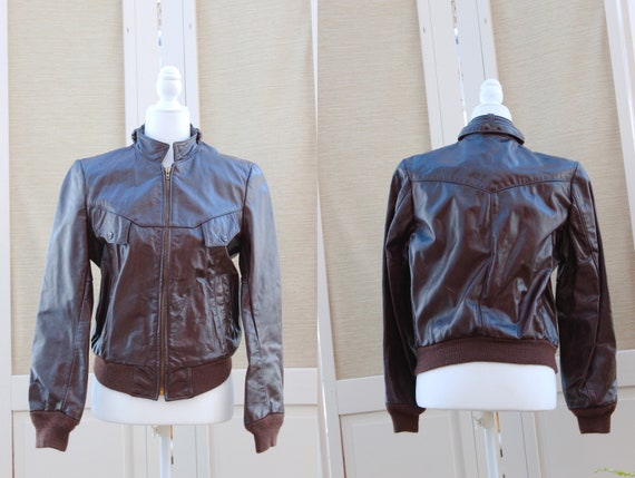 vintage women size 12 small brown leather coat ja… - image 1