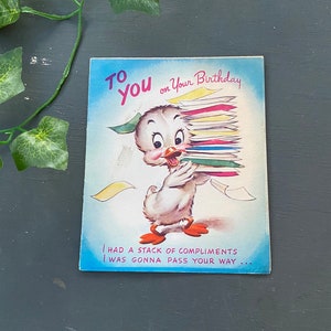 Vintage 1960er Jahre alles Gute zum Geburtstag Karte Papier antike Ente Kompliment lustige Komödie Wortspiel retro Kind Jungen Mädchen Sohn Tag Ephemera Gruß Geschenk