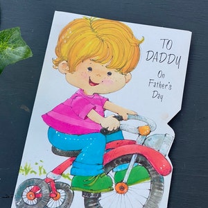 vintage 1980s carte de fête des pères père vacances papier de vœux cadeau amour fils vélo vélo poème mignon rétro petit enfant éphémère nouveau