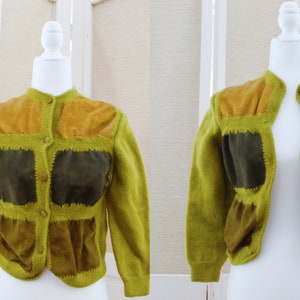 1970&#39;s green wool suede brown hand knit Italy long sleeve felt button up cardigan long sleeve warm knitted women medium patch yarn hippie