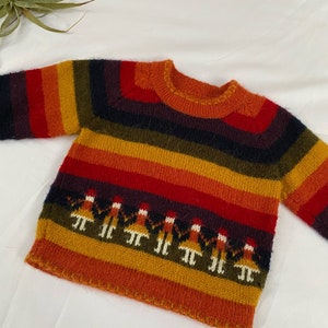 vintage retro rainbow fall hippie child sweater long sleeve 1970s sun yellow orange green stripe sweater handmade children boho 70s top