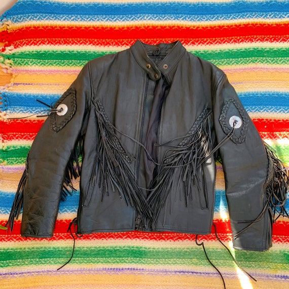 Vintage Black Leather 1980's Finge Jacket, Unisex Women's