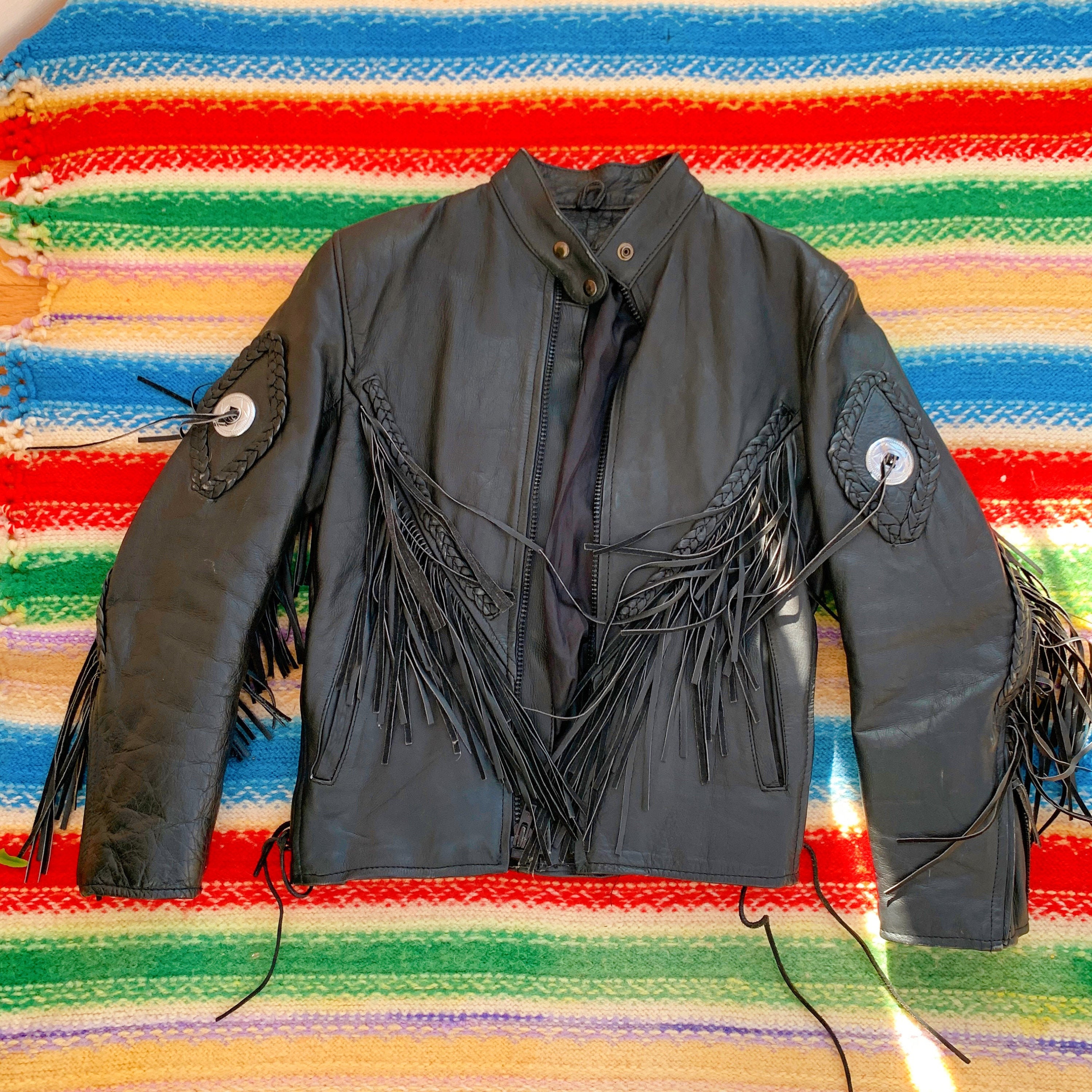 Vintage Black Leather 1980's Finge Jacket, Unisex Women's