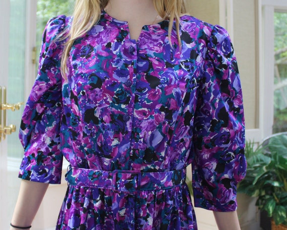 Vintage 1980's Purple Floral Dress, 80's Women's … - image 3