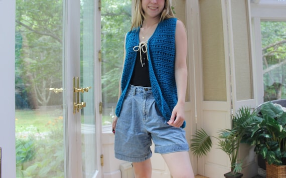 Vintage 1970's Blue Crocheted Vest, 70's Summer D… - image 1