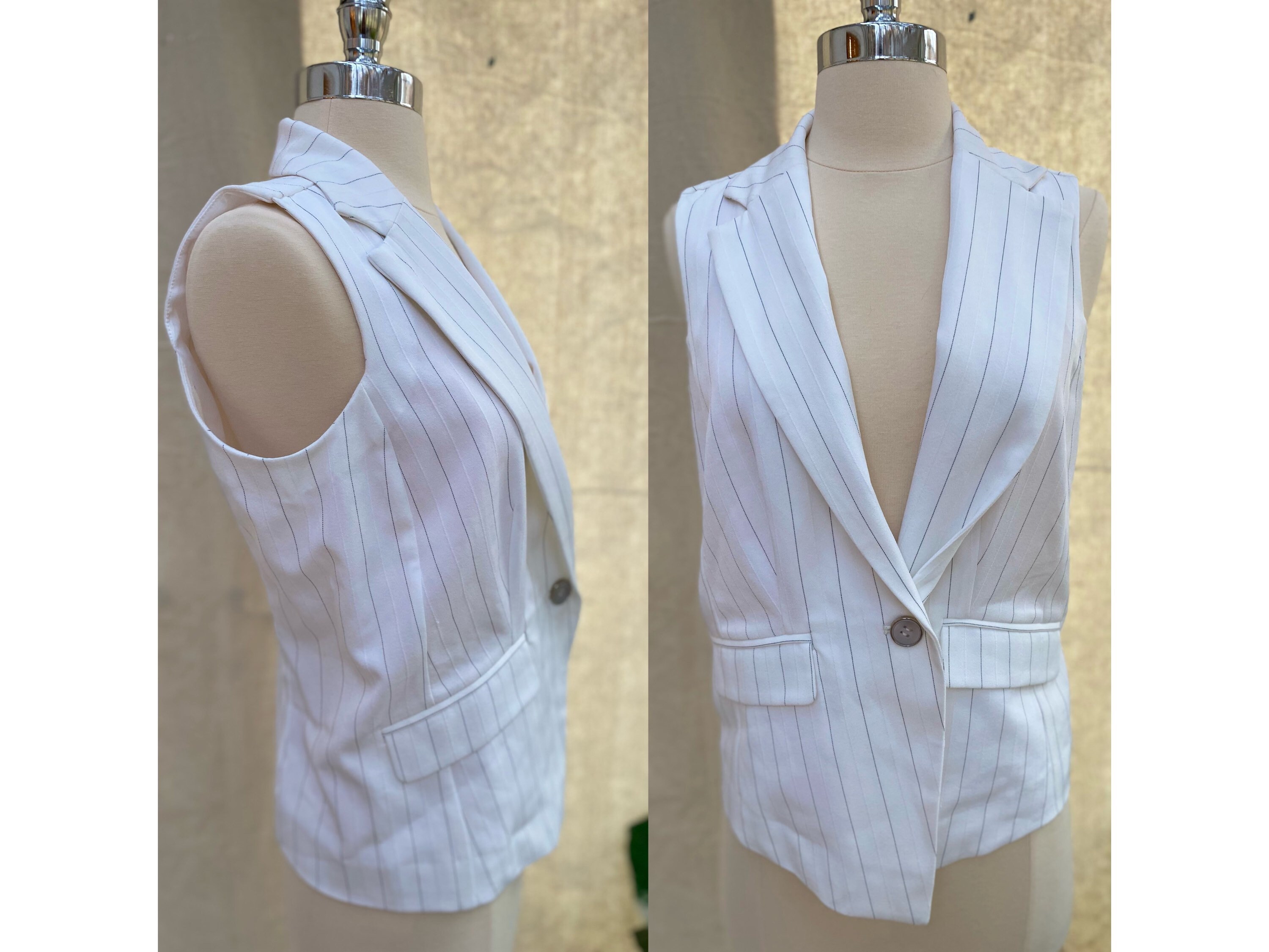 vintage 1990s striped white vest v-neck women size eight 90s Cato stripe black collared work vest sleeveless button up formal vest