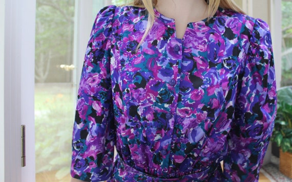 Vintage 1980's Purple Floral Dress, 80's Women's … - image 1