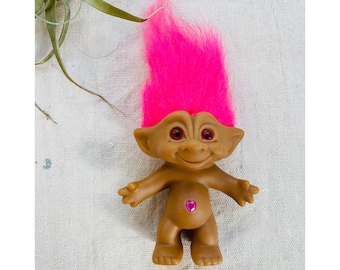 vintage 1980s hot pink heart jewel troll doll 80s child children action figure brown toy doll valentine plastic troll doll