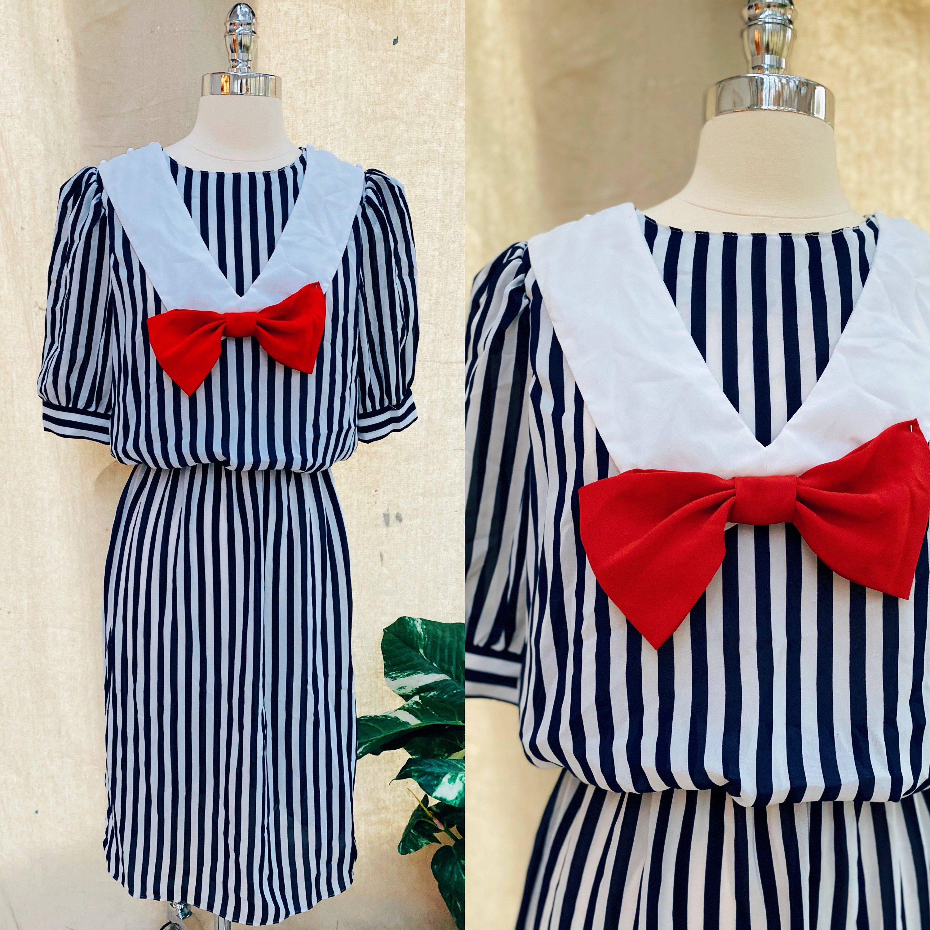 通販 1980s Vintage Red Bow Ten 10 Size Women Dress Sailor Navy ヴァイスシュヴァルツ
