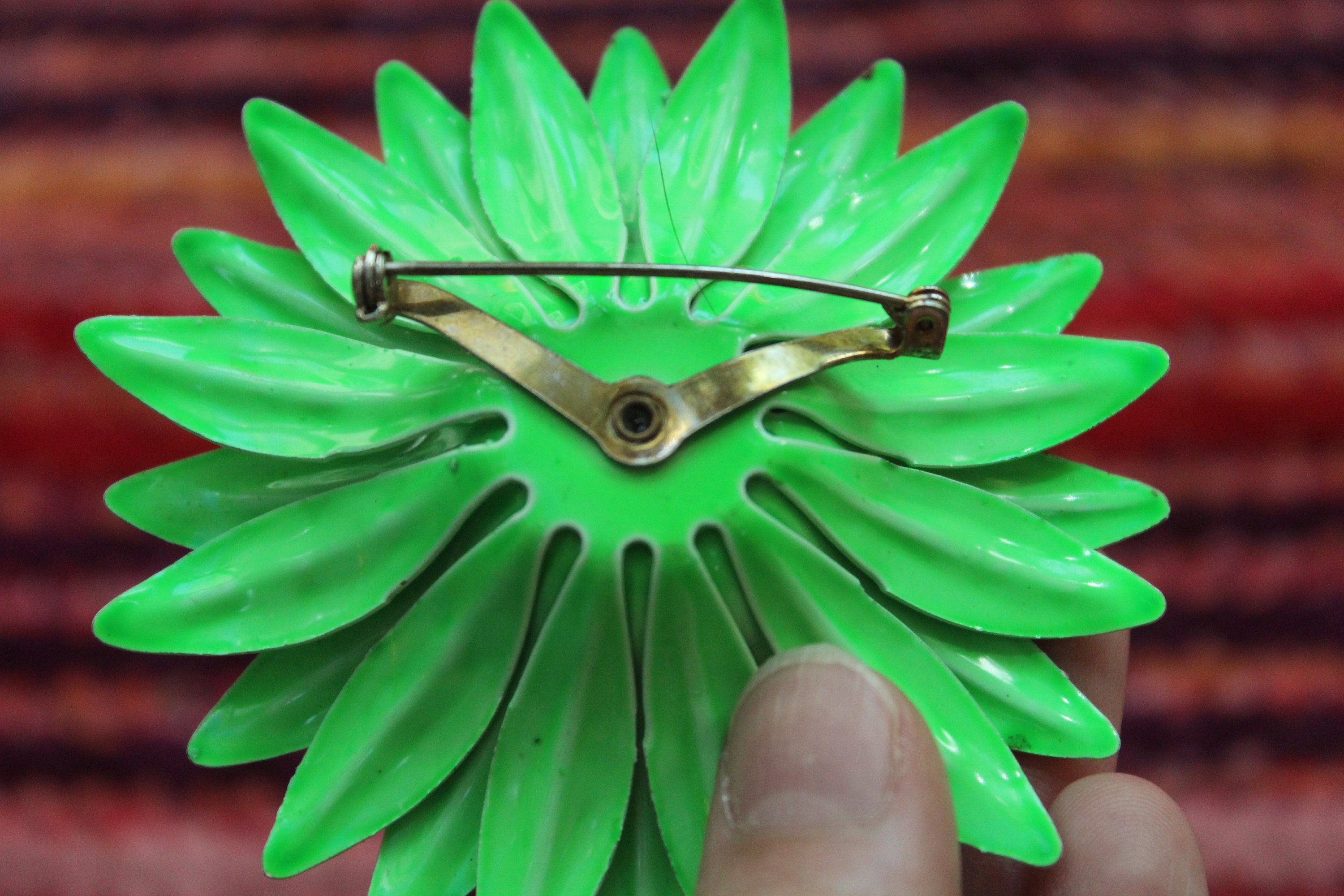 Vintage 1970's Polka Dot Green Flower Pin, 70's Retro Neon