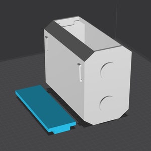 May include: A white rectangular box with two round holes on the front and a blue rectangular platform.