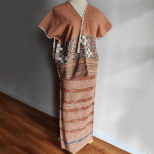 Karen tribe handwoven women top and bottom set. Bohemian ethnic blouse with hand embroideries natural dry cotton and natural seed beads