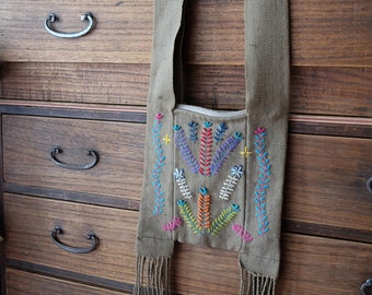 Bohemian hippie style handwoven bag "Yame" with flower embroideries and natural dyed handspun cottons.