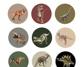 May include: A collection of 12 colorful circles, each featuring a different dinosaur illustration. The dinosaurs are depicted in various poses and colors, including green, brown, gray, and red.