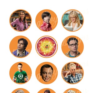 Puede incluir: Doce círculos naranjas con imágenes de los personajes de la serie de televisión The Big Bang Theory. Las imágenes incluyen a Sheldon, Leonard, Penny, Amy, Raj, Howard, Bernadette y el logotipo del programa.