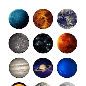 May include: A collage of planets and celestial bodies, including the sun, moon, earth, mars, jupiter, saturn, uranus, neptune, and venus. The planets are depicted in a realistic style with detailed surface features.