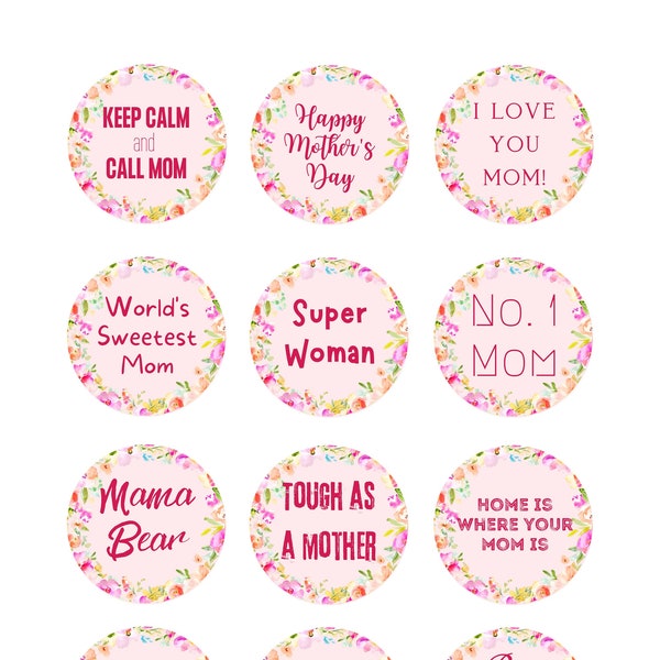 Floral Mother's Day Cupcake Toppers, Quotes, Sayings, Funny, Cute, Set of 12, Party Favor, Digital, Printable, Instant Download, Stickers