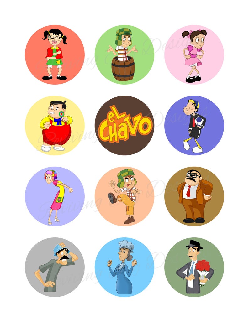 May include: Twelve circular stickers featuring cartoon characters from the El Chavo del Ocho TV show. Each character is set against a different coloured background, with the show's logo prominently displayed.