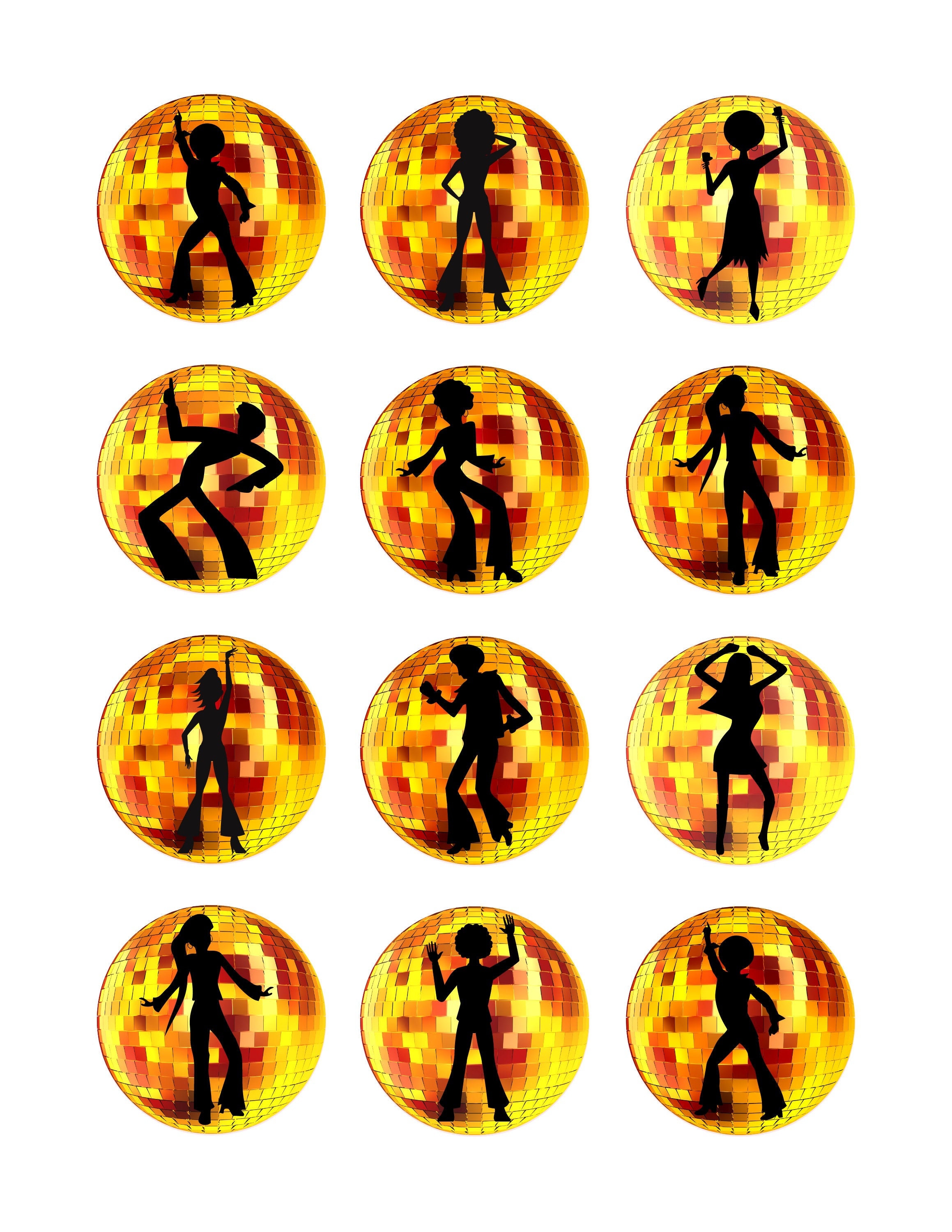 Gold Disco Ball Cupcake Toppers 70s Theme Birthday Music Dance Party Favor Gift Tags Digital Printable Instant Download
