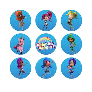 Rainbow Rangers Cupcake Toppers, Cumpleaños arco iris, Conjunto de 9, Favor de fiesta, Digital, Imprimible, Descarga instantánea, Pegatinas, Floof, Unicornio