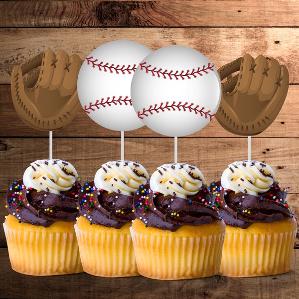 Baseball Cupcake Toppers, anniversaire de Baseball, Cupcake Toppers, gant de Baseball, cotillons, numérique, imprimable, téléchargement immédiat, ballon de sport