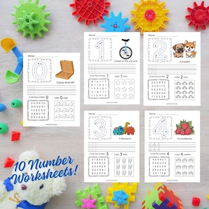 Hojas de práctica de números, imprimibles, actividades para la educación en el hogar, páginas para colorear, escritura a mano, ejercicios de 123, trazo, preescolar, jardín de infantes