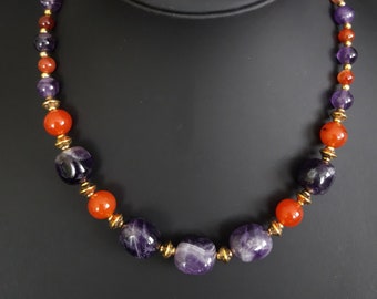 Roman style amethyst, carnelian and goldcoloured beads necklace