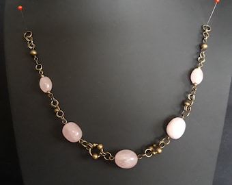 Viking style bronze brooch chain with rose quartz