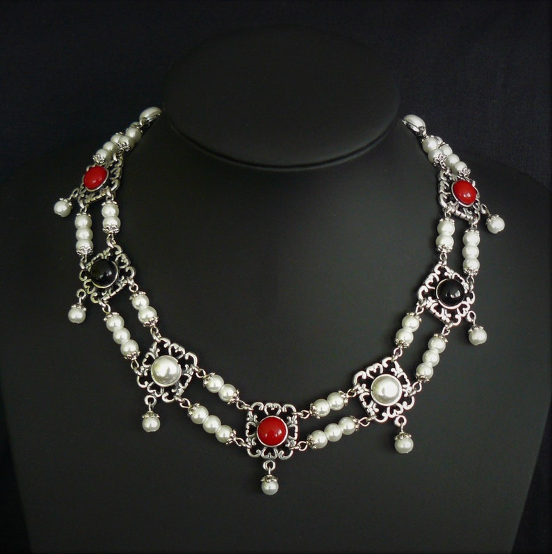 Renaissance style necklace with glass pearls and cabochons image 1