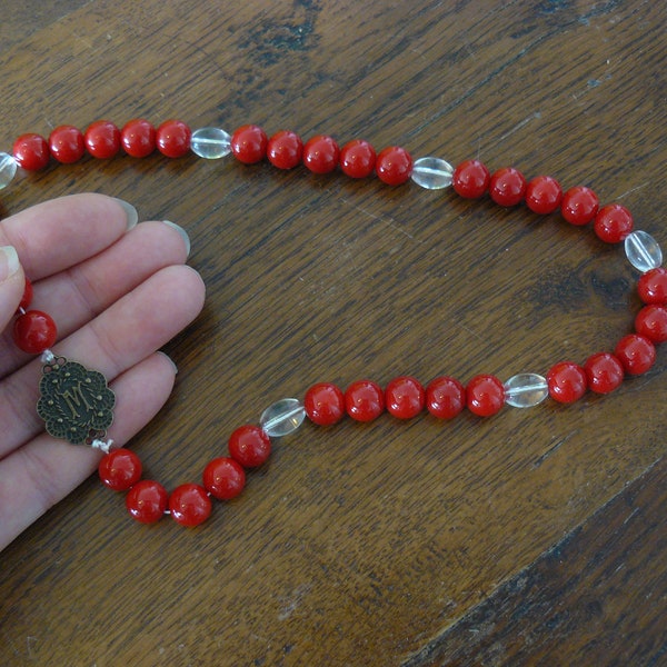 Medieval style rosary with red and clear glass beads