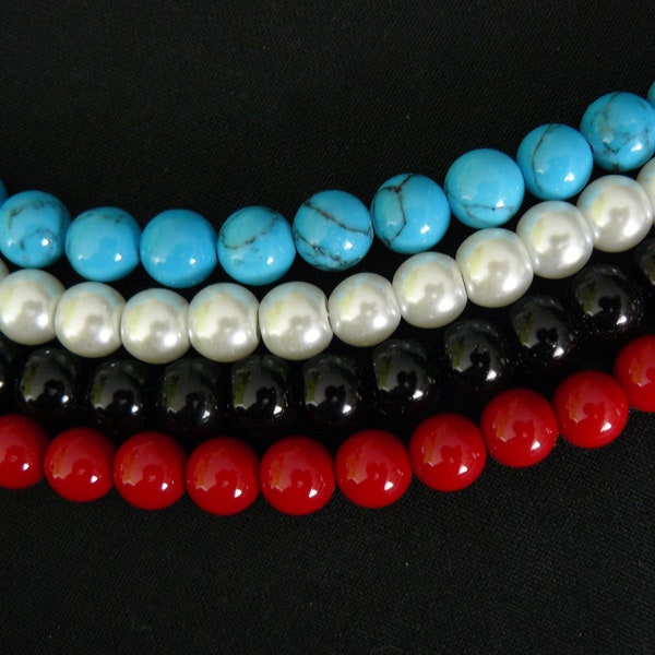 Georgian 18th century style bead necklaces - faux pearl turquoise coral and jet -  with ribbon closure - large -choose colour!