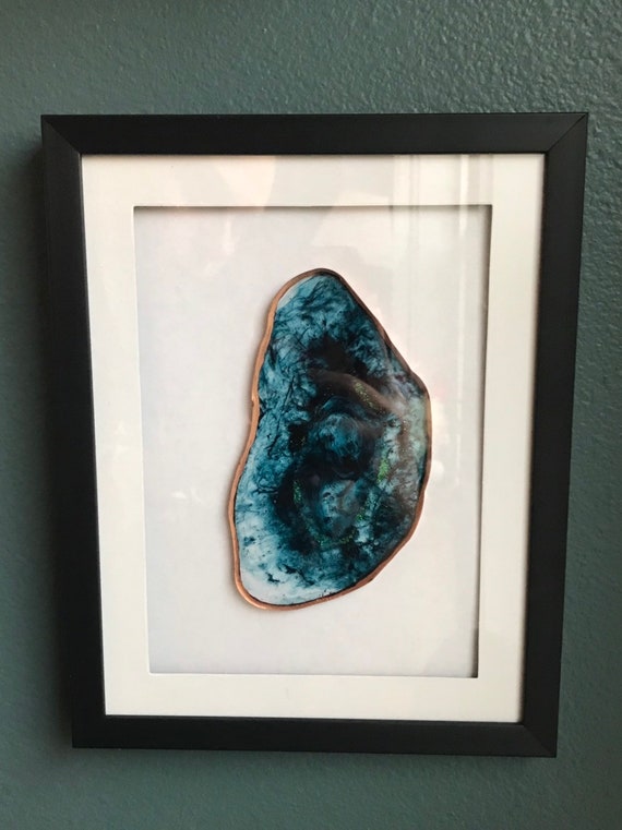 5x7 Framed resin art agate slice inspiration in teal trimmed in copper