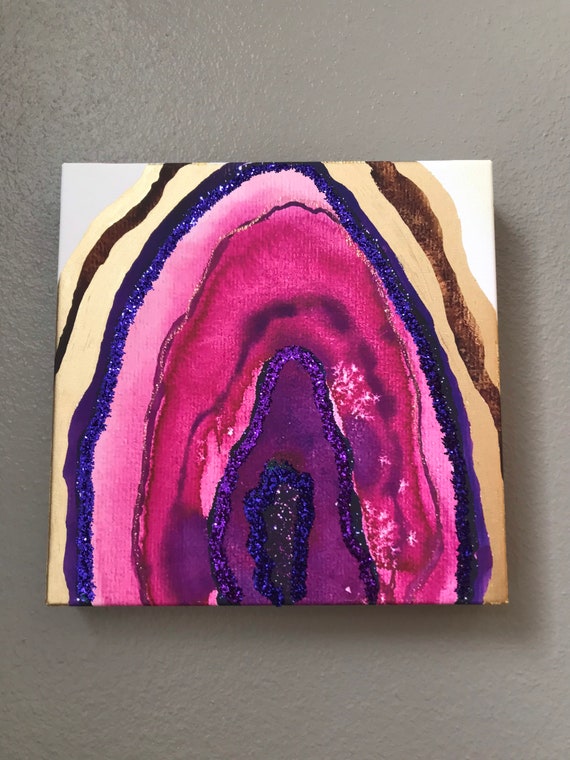 Hand detailed 12 x 12 gallery wrapped canvas print of original agate art in Purple and Magenta with Midnight Purple glitter and Gold