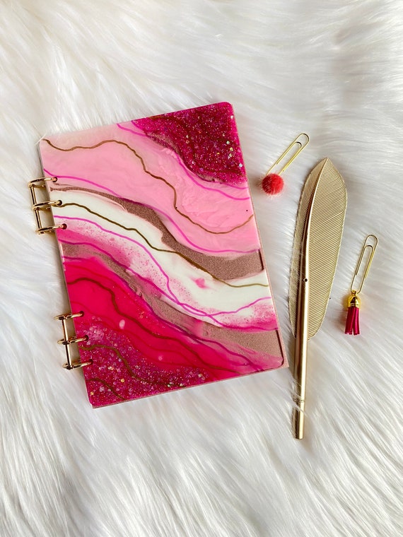 Unique resin art agate slice theme FILLED planner with gold feather pen & badge reel in Barbie pinks and gold - MATCHING bonus dot stickers
