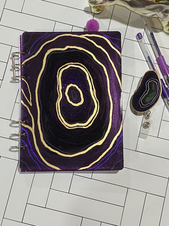 Unique resin art agate slice theme FILLED planner with matching badge reel in midnight purple and gold - MATCHING bonus hand gilded stickers