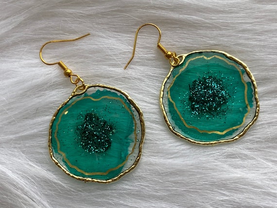 Teal Agate slice inspired resin earrings in plated 14k gold nickel free : 1inch open back bezel on hook