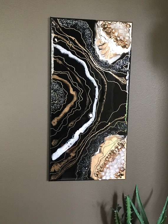 12x24 gallery wrapped canvas resin poured agate geode in black, gold, and white with mirror shine amazing center display art