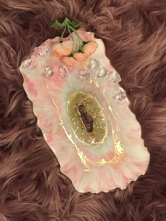 Translucent pink, white, and gold with glitter accent 11 x9 resin bar/vanity tray
