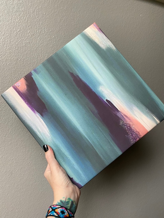 12 x 12 gallery wrapped abstract canvas print of original acrylic art in shades of purple, blue, pink and white with glitter accent *signed*
