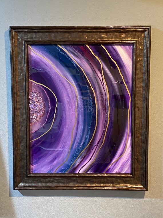 16x20 hand painted original art purple agate with crystal accent in a silver/gunmetal grey wooden frame geode agate themed resin art