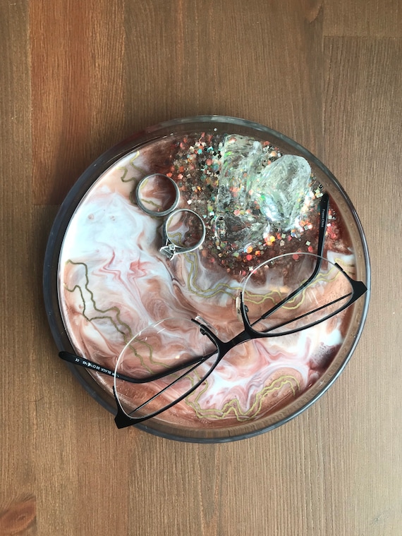 Rose gold and mink glitter accent geode ring trinket dish with fire glass crystals and gold accents