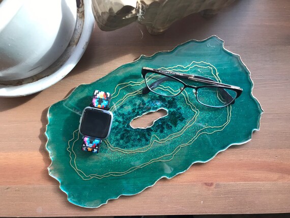 Translucent teal and gold with glitter accent 11 x9 resin tray with glass center stones