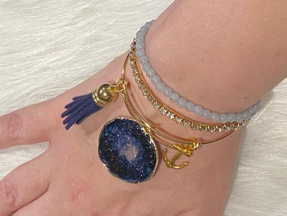 Navy Druzy Agate themed resin wearable art bracelet with coordinating charm and tassel BONUS matching beaded bracelets included