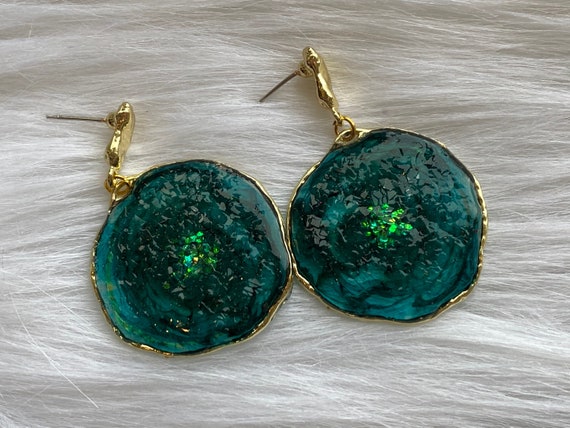 Teal Druzy Agate slice inspired resin earrings in plated 14k gold nickel free : 1inch open back bezel on amazing rock gold stud