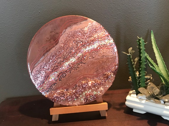 12 inch round rose gold monochromatic mixed media resin agate with rose quarts chip accent
