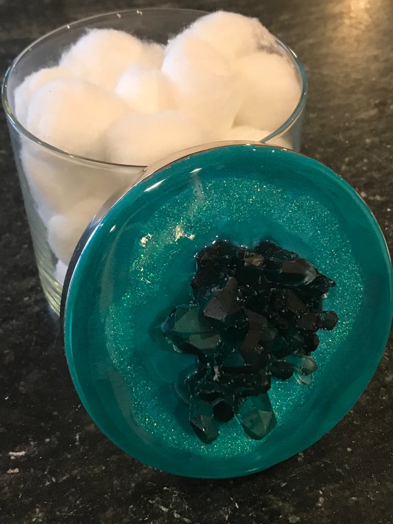 Teal aqua glitter apothecary upcycled glass jar canister geode inspired with resin crystal formation