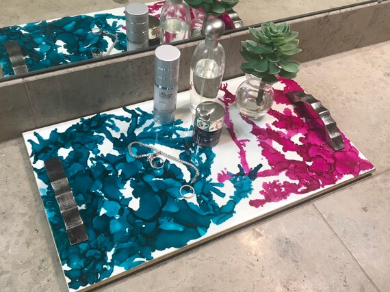 Teal and fuchsia coral inspired bar or bathroom vanity tray with silver hardware trimmed in gold 17 x9.5