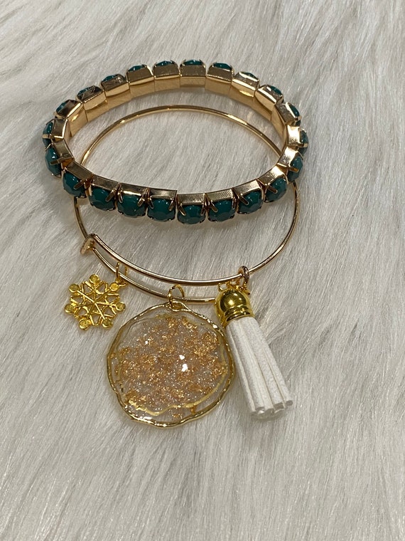 Gold and shimmer druzy center Agate themed resin wearable art bracelet with coordinating charm & tassel BONUS matching bracelet included