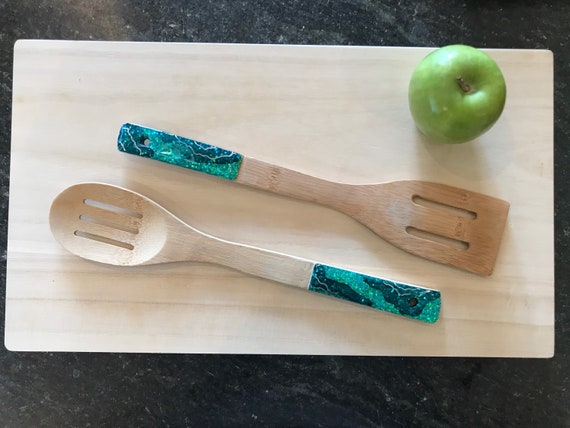 Glitter geode resin tipped bamboo serving set in two tone teal with silver line accent